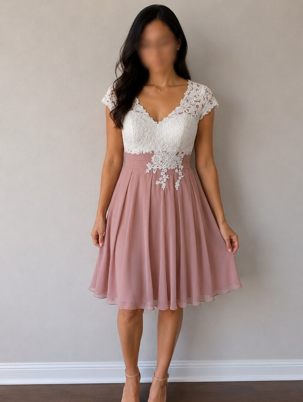 Stunning Dusty Rose & White Lace Midi Dress Fit & Flare Cap Sleeve Wedding Guest
